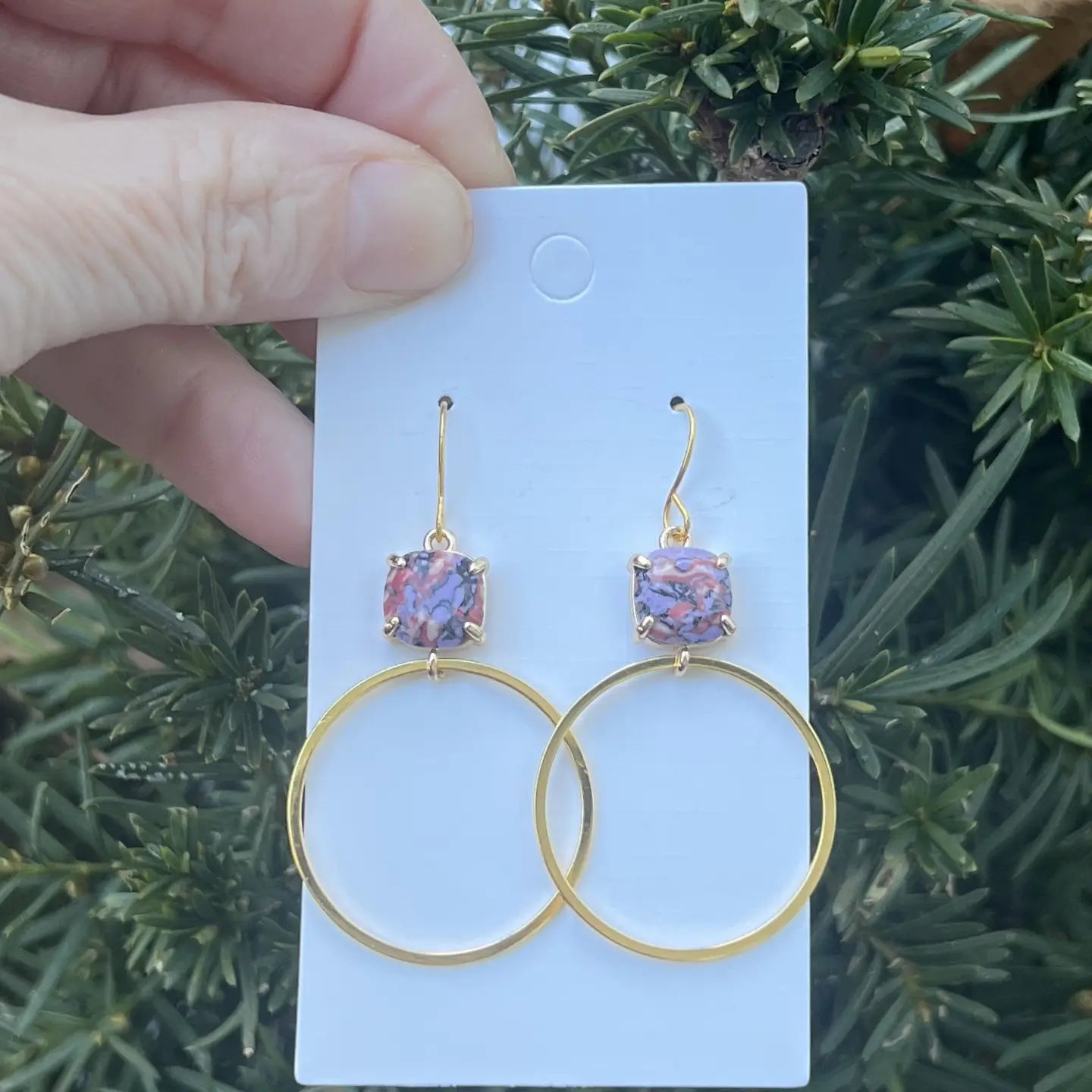 PINK PURPLE GEM STONE GOLD HOOP STATEMENT HANDMADE BBB EARRINGS
