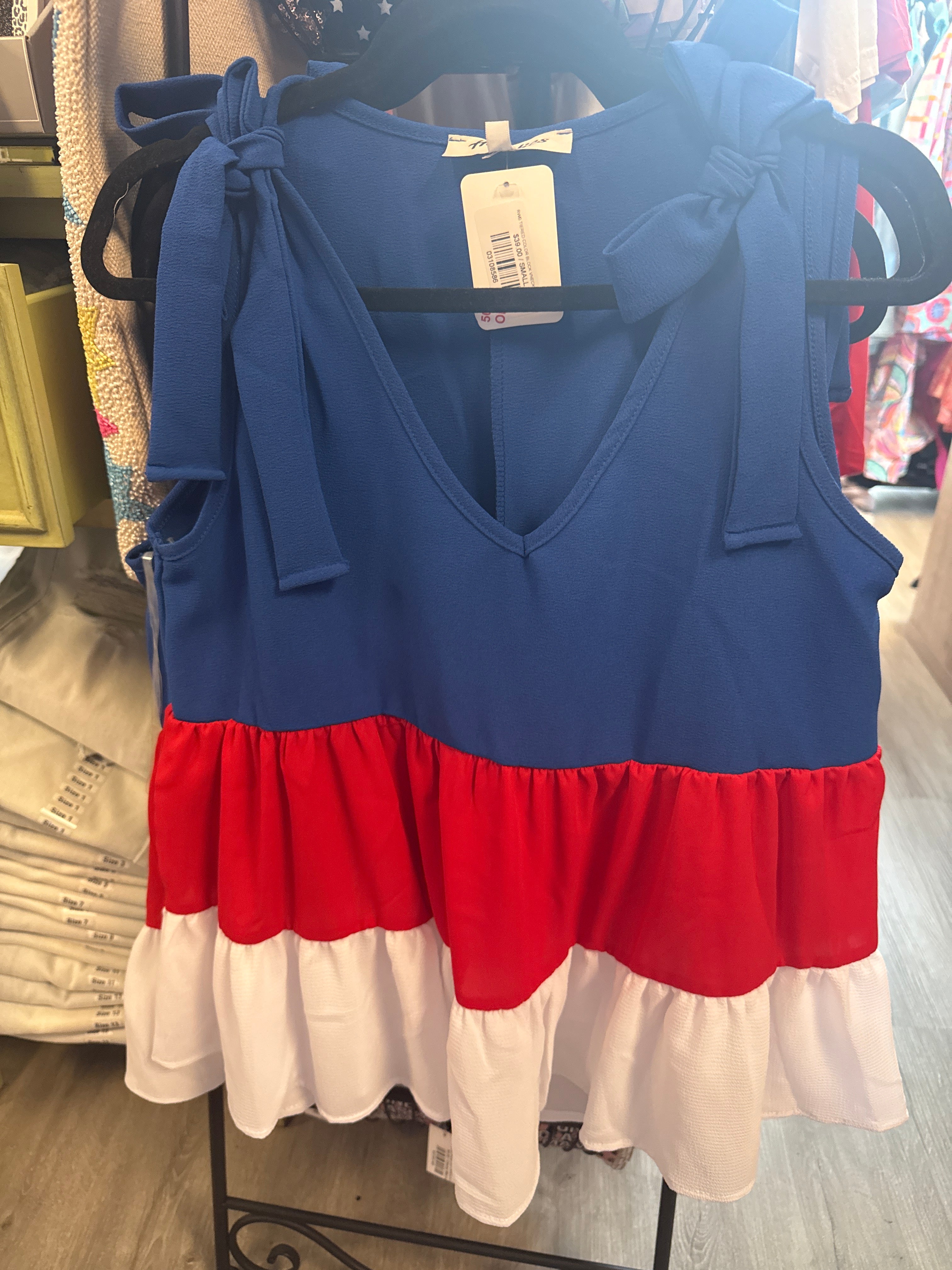 RWB TIERED COLOR BLOCK VNECK TIE BOW SHOULDER WOVEN TANK- SALE