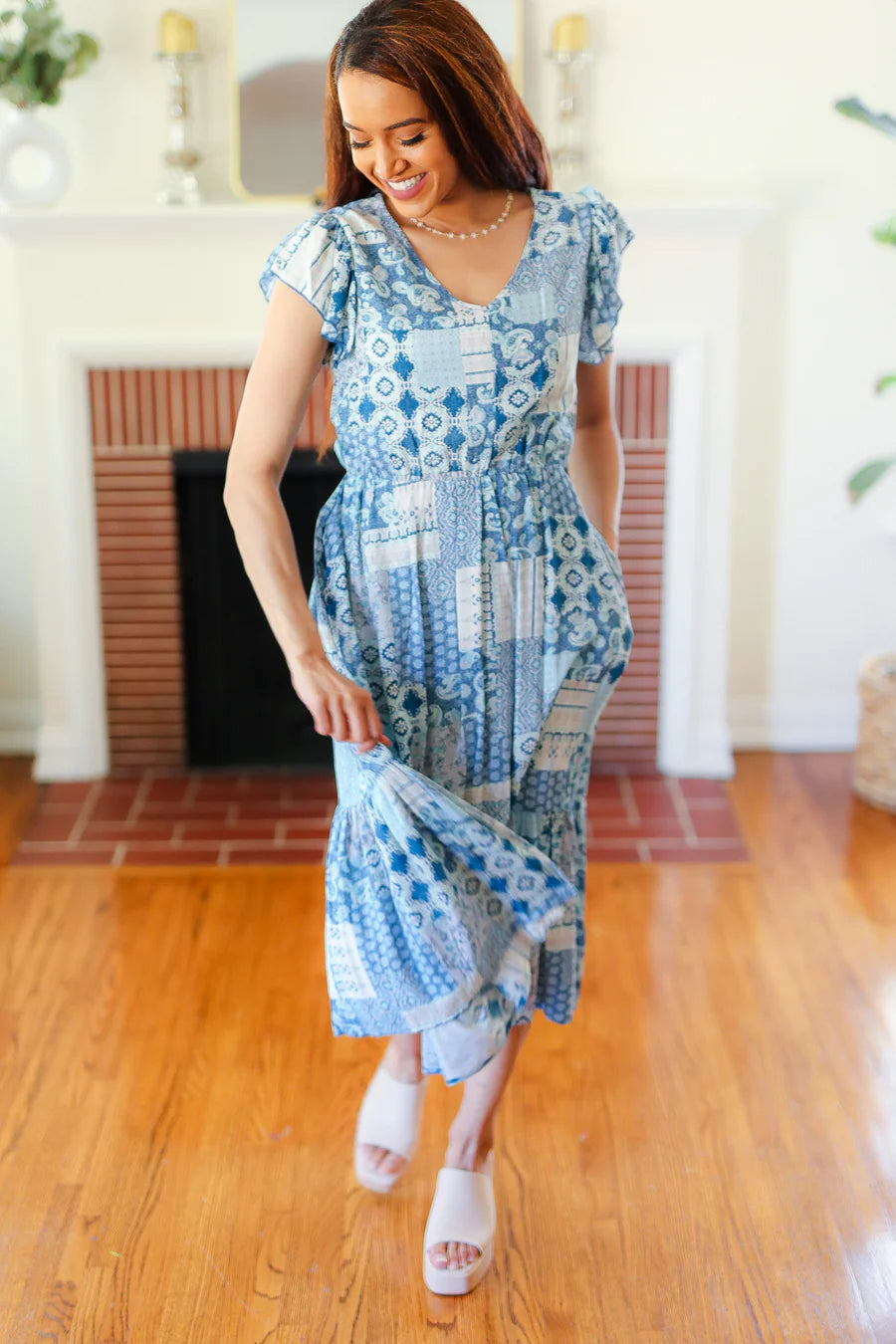 BLUE BOHO TIERED RUFFLE HEM POCKETED MIDI DRESS- LARGE