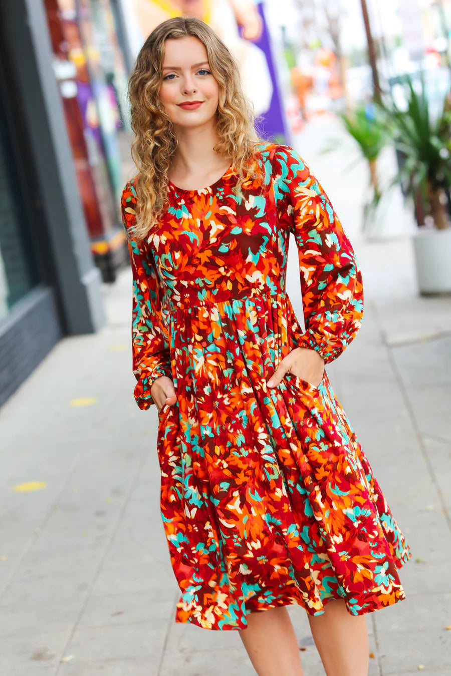 BURGUNDY JADE FLORAL PRINT MIDI DRESS