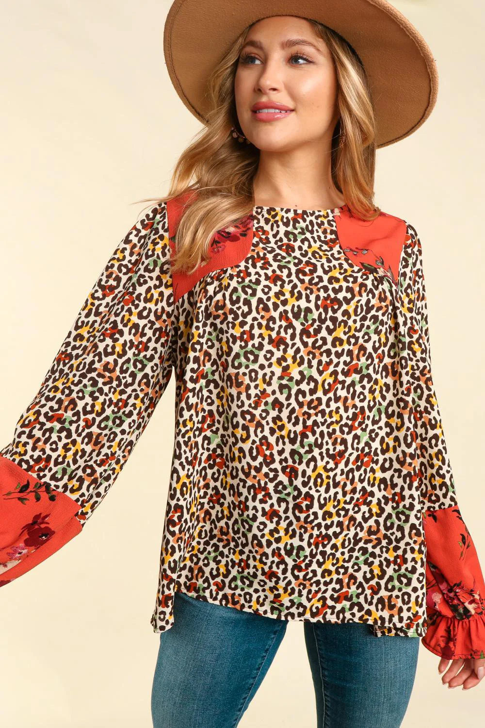 RUST MUSTARD ANIMAL PRINT COLORBLOCK FORAL BLOUSE