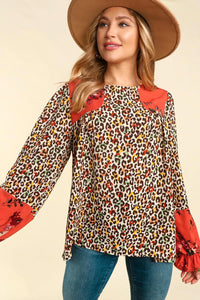 RUST MUSTARD ANIMAL PRINT COLORBLOCK FORAL BLOUSE