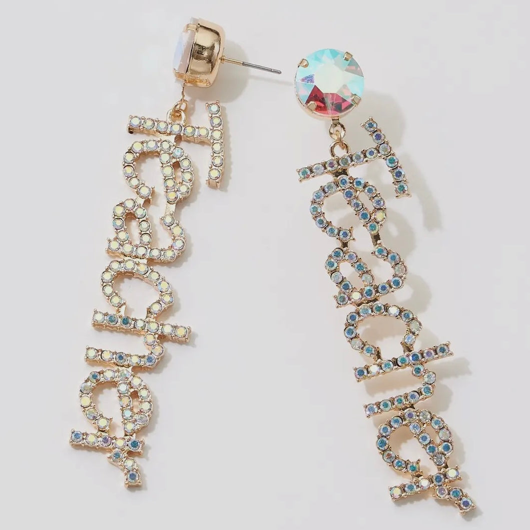 TEACHER RHINESTONE DANGLY EARRINGS