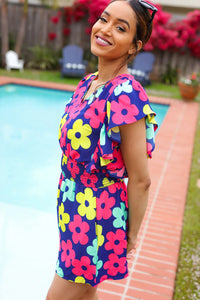 NAVY PINK MAGENTA YELLOW WHITE FEELING BOLD FLORAL SMOCKED WAIST FLUTTER ROMPER-PLUS