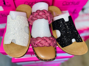 DON'T GET IT TWISTED FUCHSIA RHINESTONES CORKYS BLING SANDALS