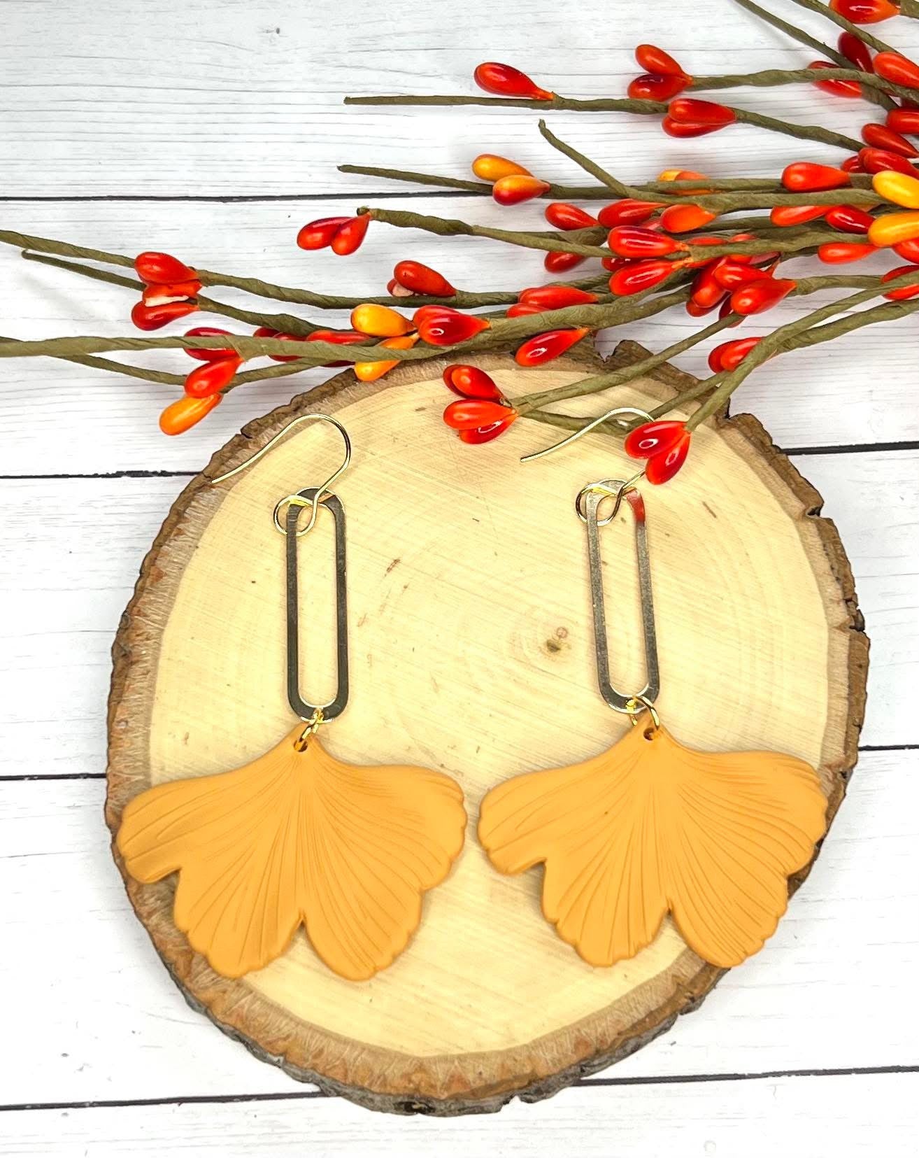 GINKGO LEAVES WITH GOLD ELONGATED OVAL HARDWARE HANDMADE EARRINGS BY B.O.D
