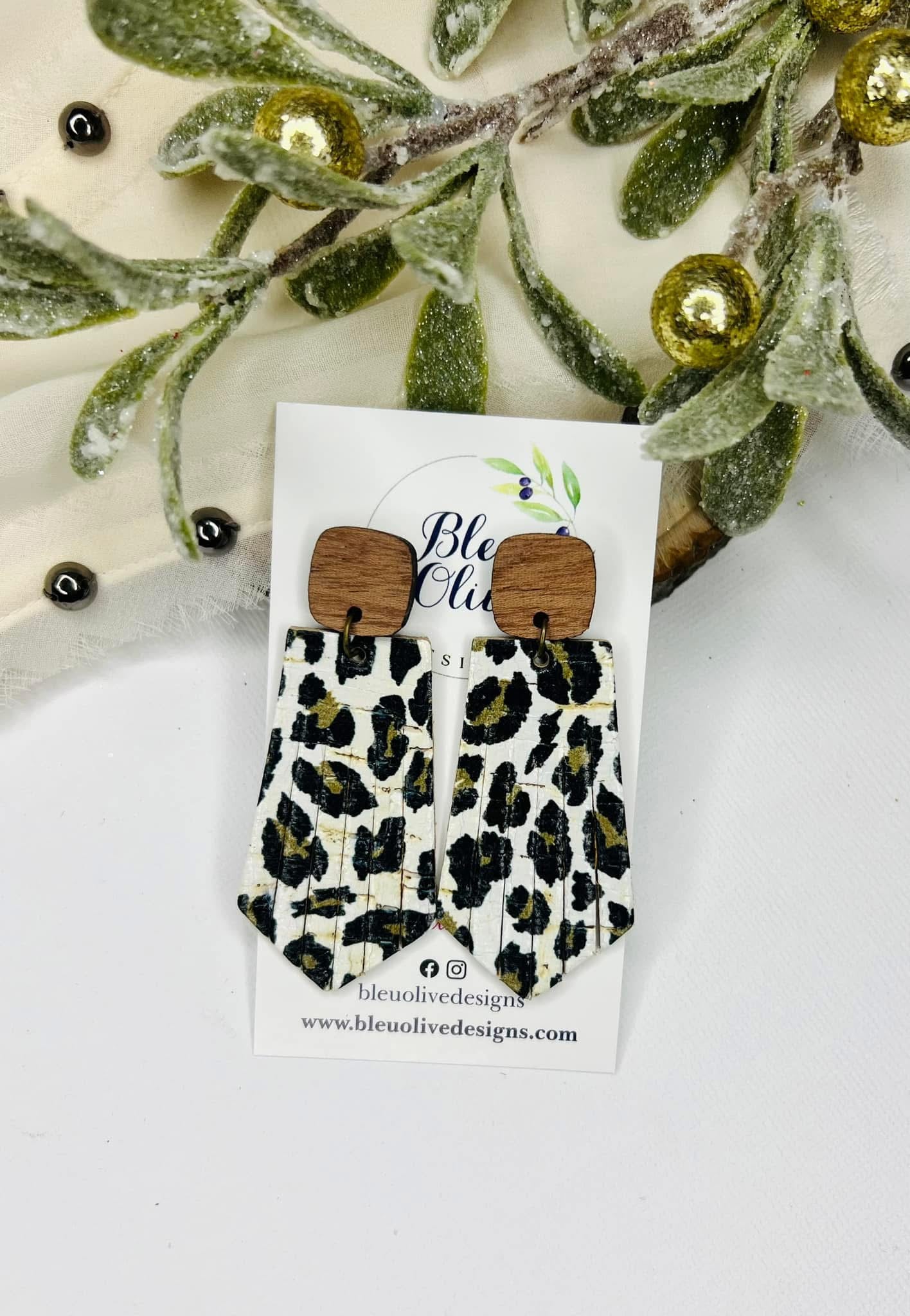 WOOD SQUARE TOPPERS WITH BLACK CREAM LEOPARD GEO SHAPE LEATHER HANDMADE EARRINGS BY B.O.D