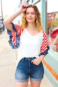 RWB STARS & STRIPES RAGLAN STYLE RUFFLE TOP