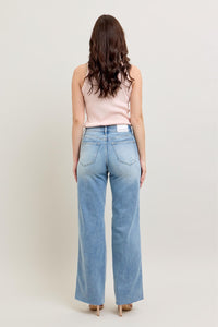 LIGHT WASH MID RISE TUMMY CONTROL DESTROYED WIDE LEG JUDY BLUE DENIM