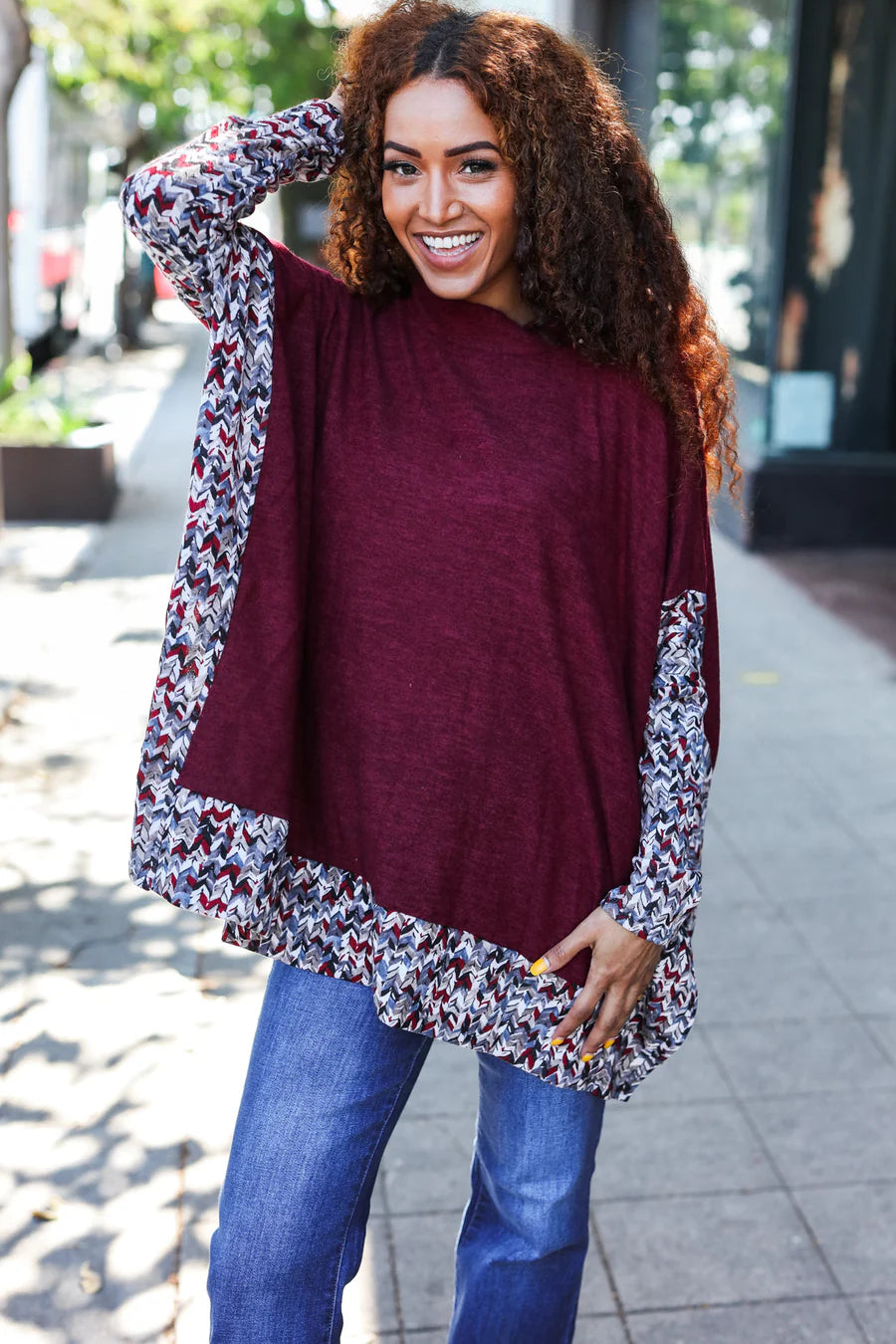 BURGUNDY PRINT DESIGN DOLMAN SWEATER TOP