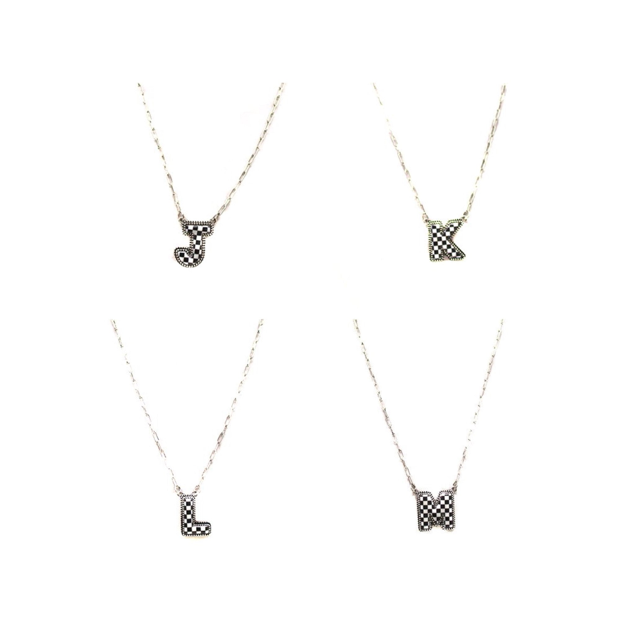 CHECKERED BUBBLE INITIAL BLACK & WHITE ON SILVER CHAIN WITH 18" + 3" EXTENDER NECKLACE