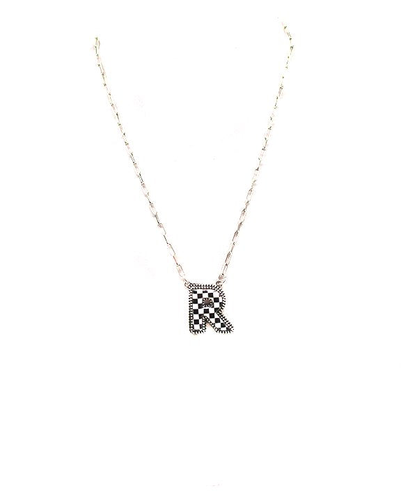 CHECKERED BUBBLE INITIAL BLACK & WHITE ON SILVER CHAIN WITH 18" + 3" EXTENDER NECKLACE