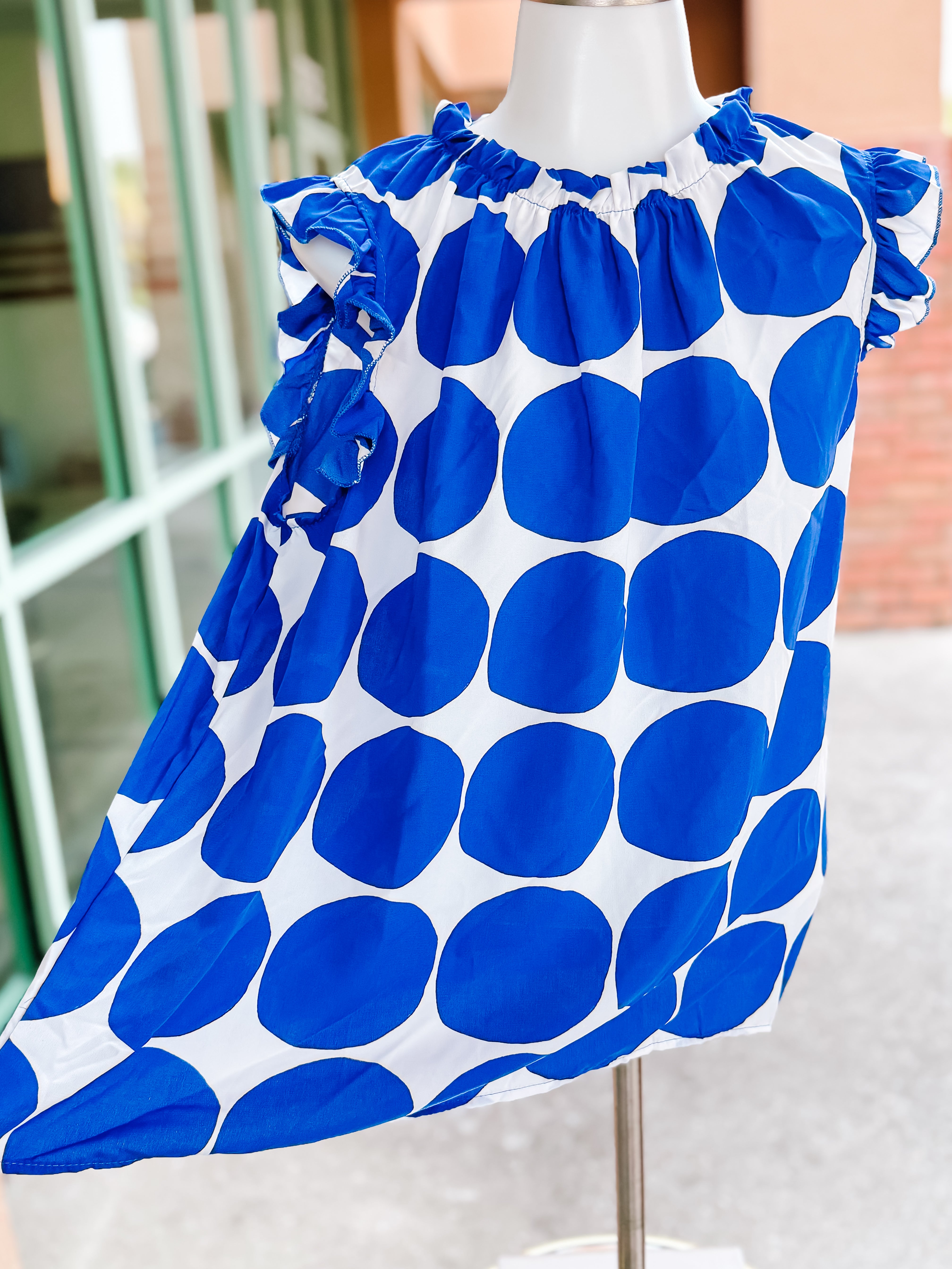 Blue Ivory Big Polka Dot Ruffle Blouse- PLUS- SALE