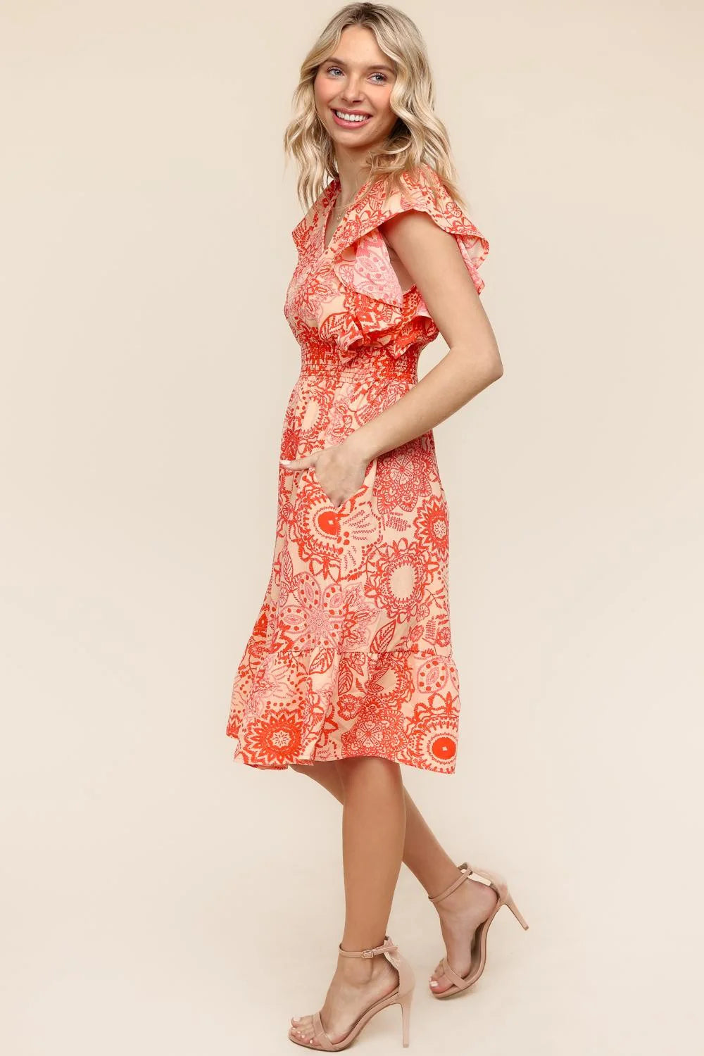 CORAL PEACH DAMASK PRINTED FIT AND FLARE SMOCKED WAIST VNECK POCKETED MIDI DRESS