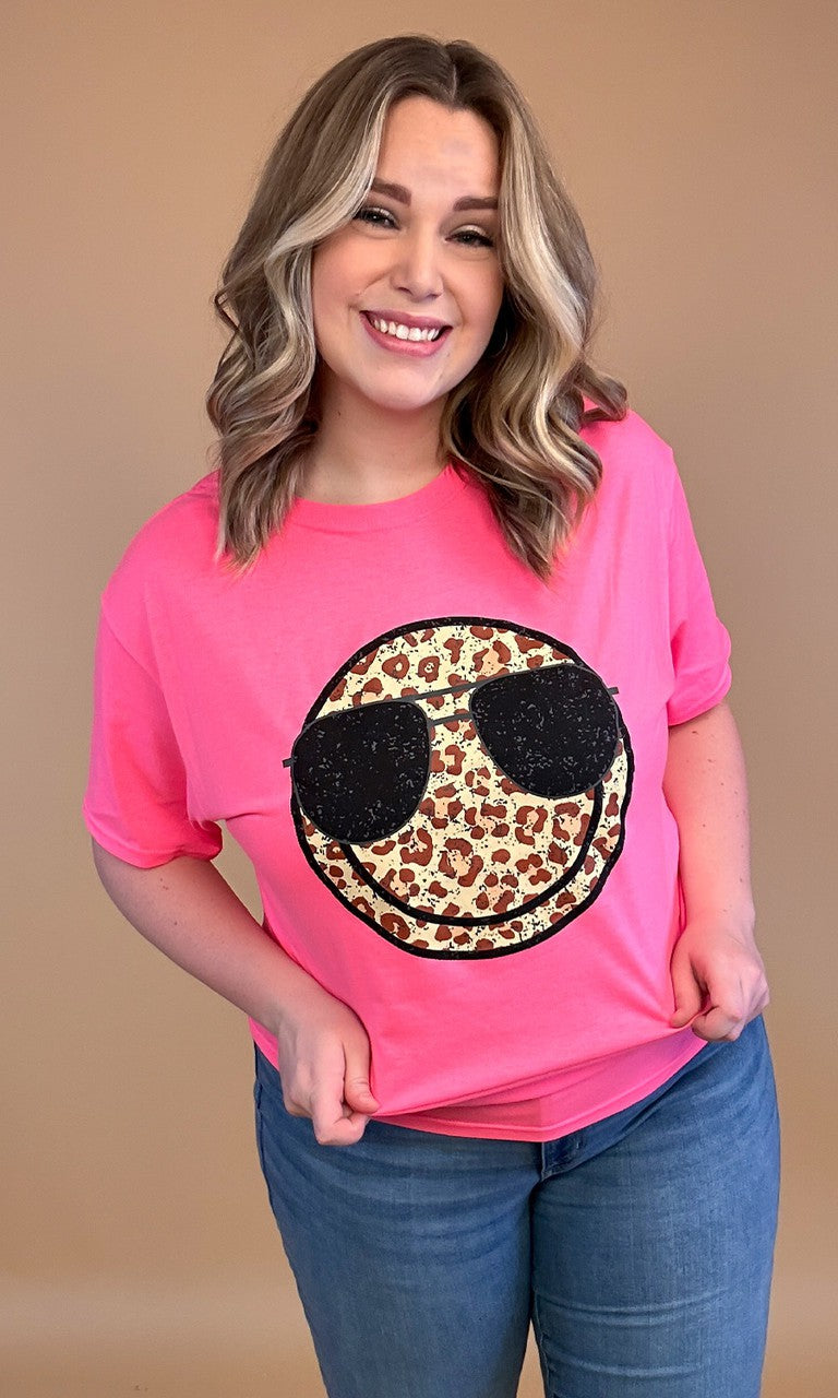 NEON PINK LEOPARD SMILEY TEE