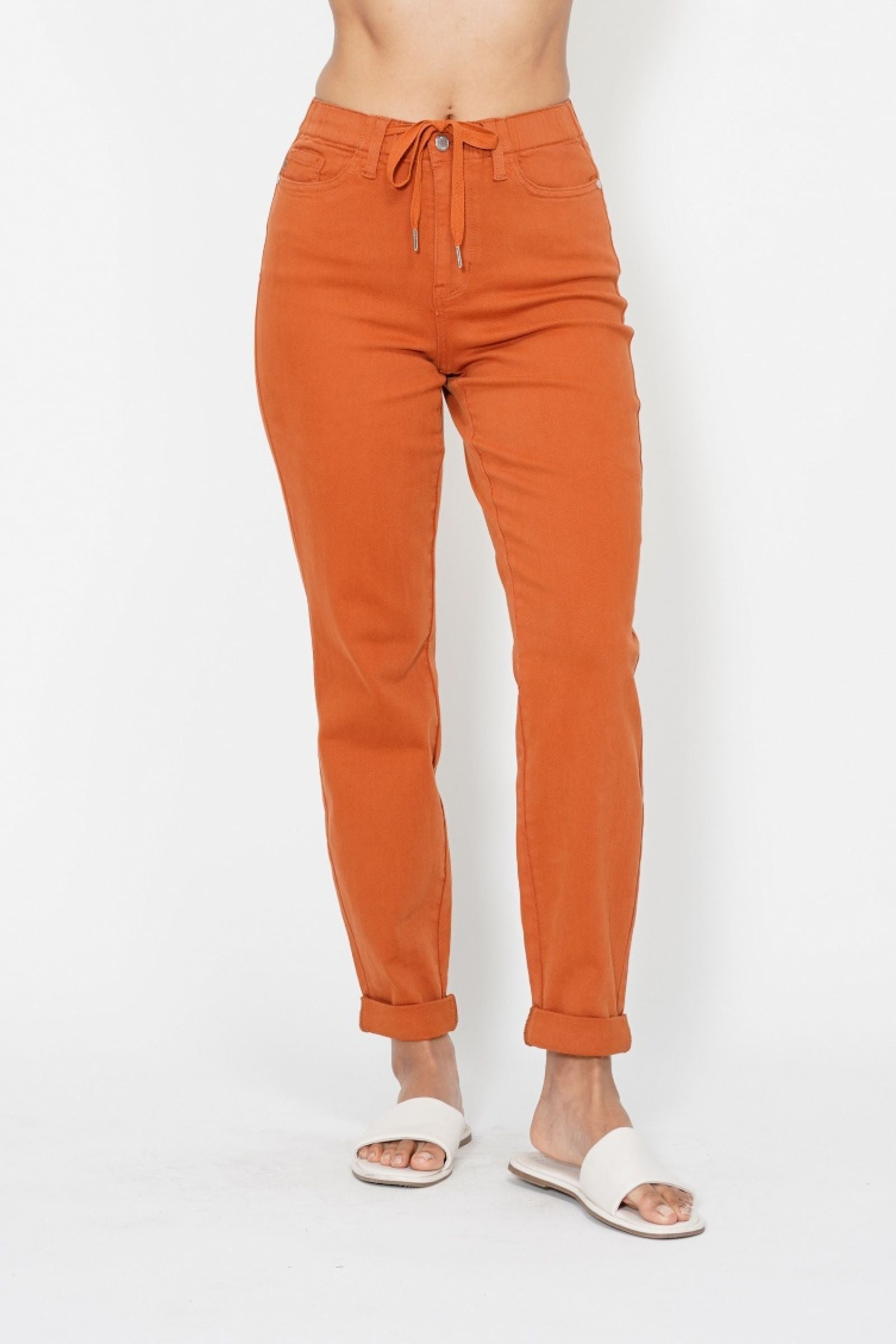 AUBURN ORANGE HIGH WAIST GARMENT DYED JOGGERS DOUBLE CUFFED JUDY BLUE DENIM