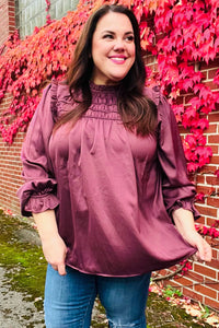 WINE MARSALA BE YOUR BEST SATIN SHIRRED YOKE FRILLY MOCK NECK BLOUSE