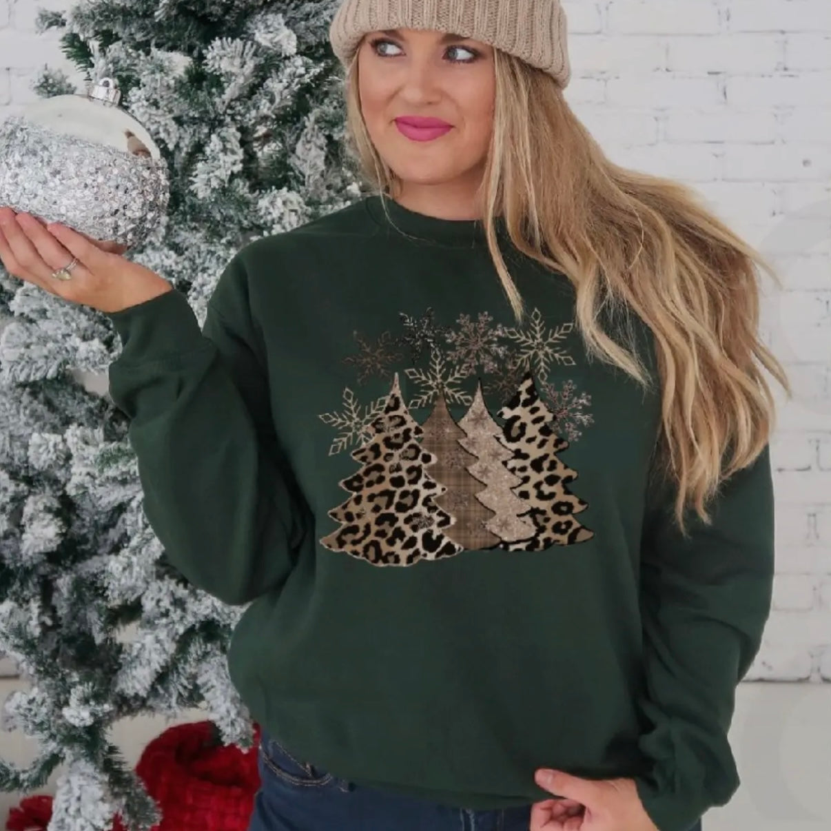 LEOPARD PRINT CHRISTMAS TREES SNOWFLAKES GREEN SWEATSHIRT