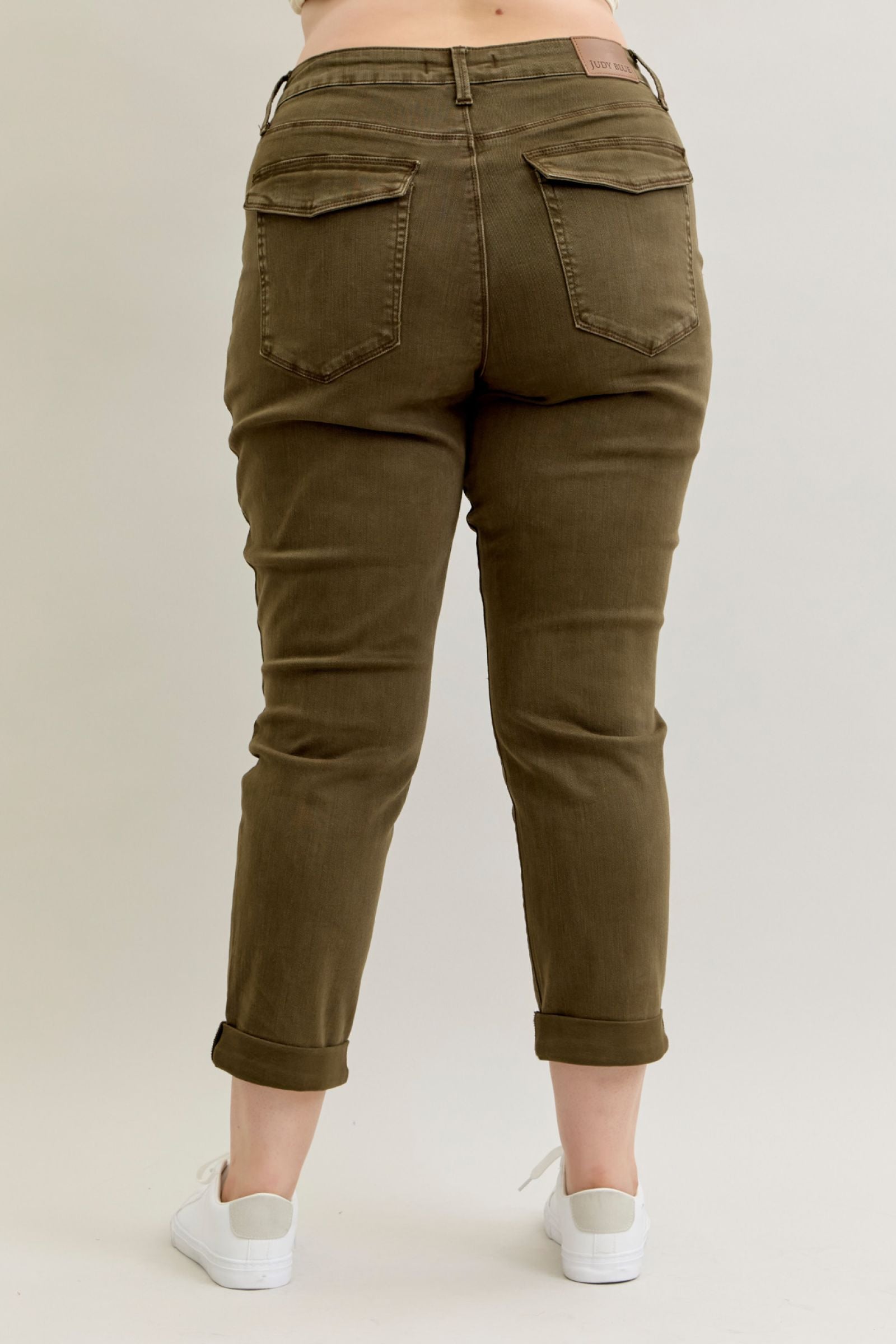 DARK FOREST GREEN HIGH WAIST AURORA WEEKENDER GARMENT DYED CUFFED JUDY BLUE DENIM-PLUS