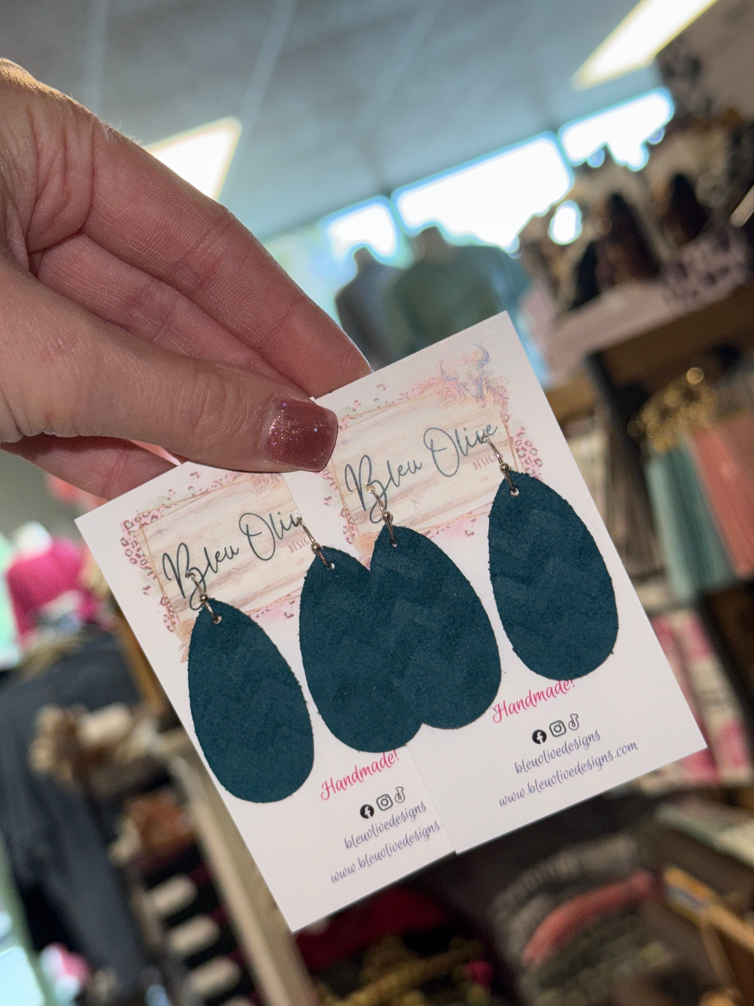 TEAL LIGHTWEIGHT LEATHER TEARDROP HANDMADE EARRINGS BY B.O.D