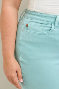 LIGHT BLUE SKY HIGH WAIST GARMENT DYED RAW HEM CROP WIDE LEG JUDY BLUE DENIM-PLUS