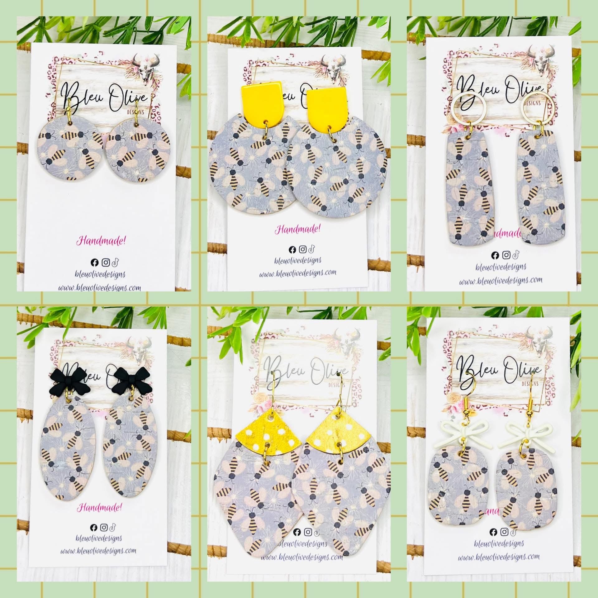 YELLOW ACRYLIC BUMBLEBEE PRINT ROUND CIRCLES HANDMADE EARRINGS BY B.O.D