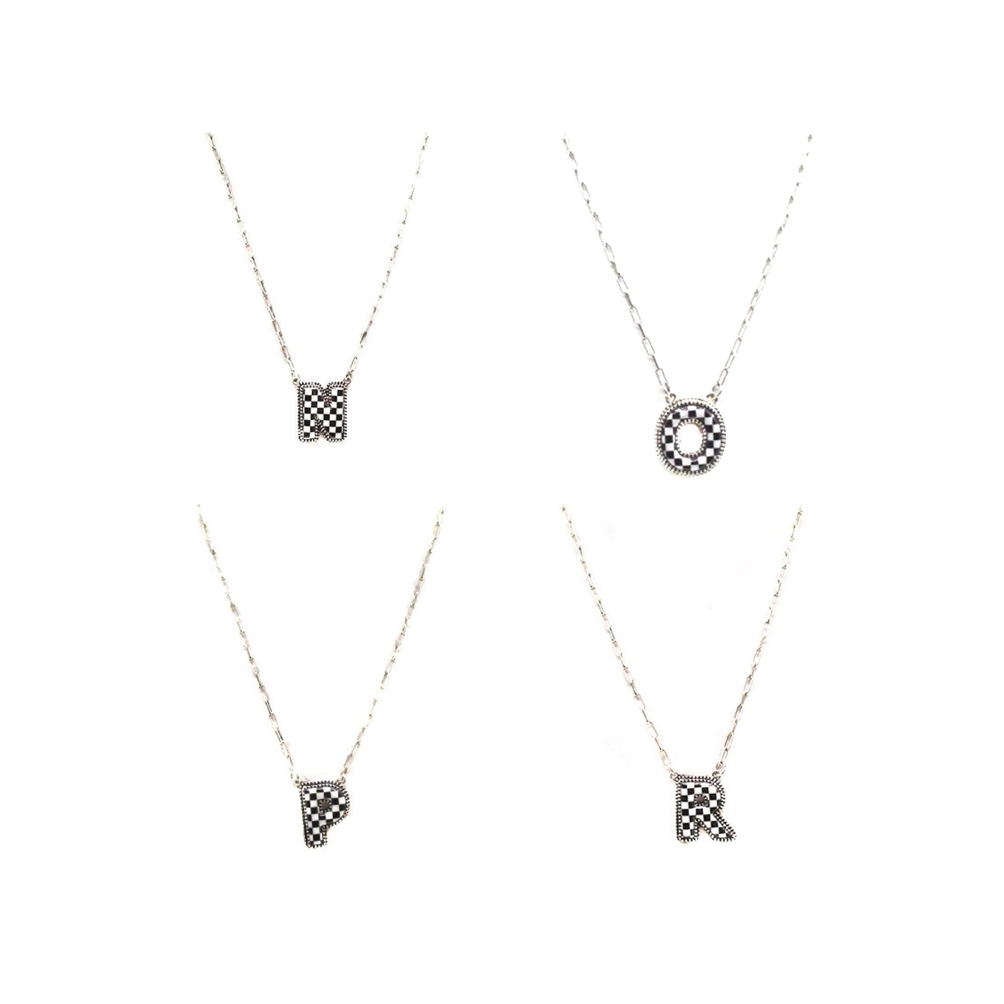 CHECKERED BUBBLE INITIAL BLACK & WHITE ON SILVER CHAIN WITH 18" + 3" EXTENDER NECKLACE