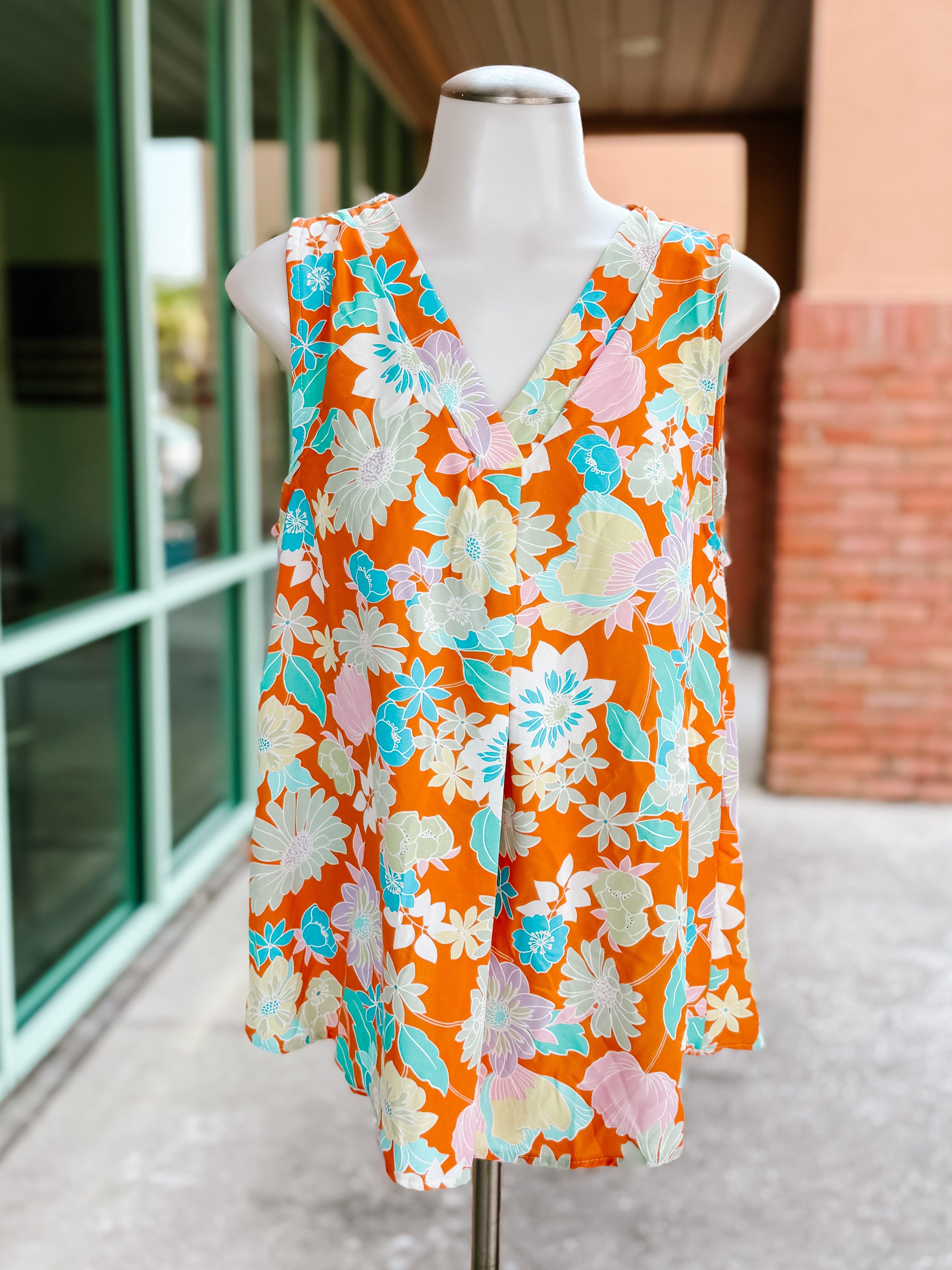 Tangerine Floral Vneck Banded Tank Top- SALE