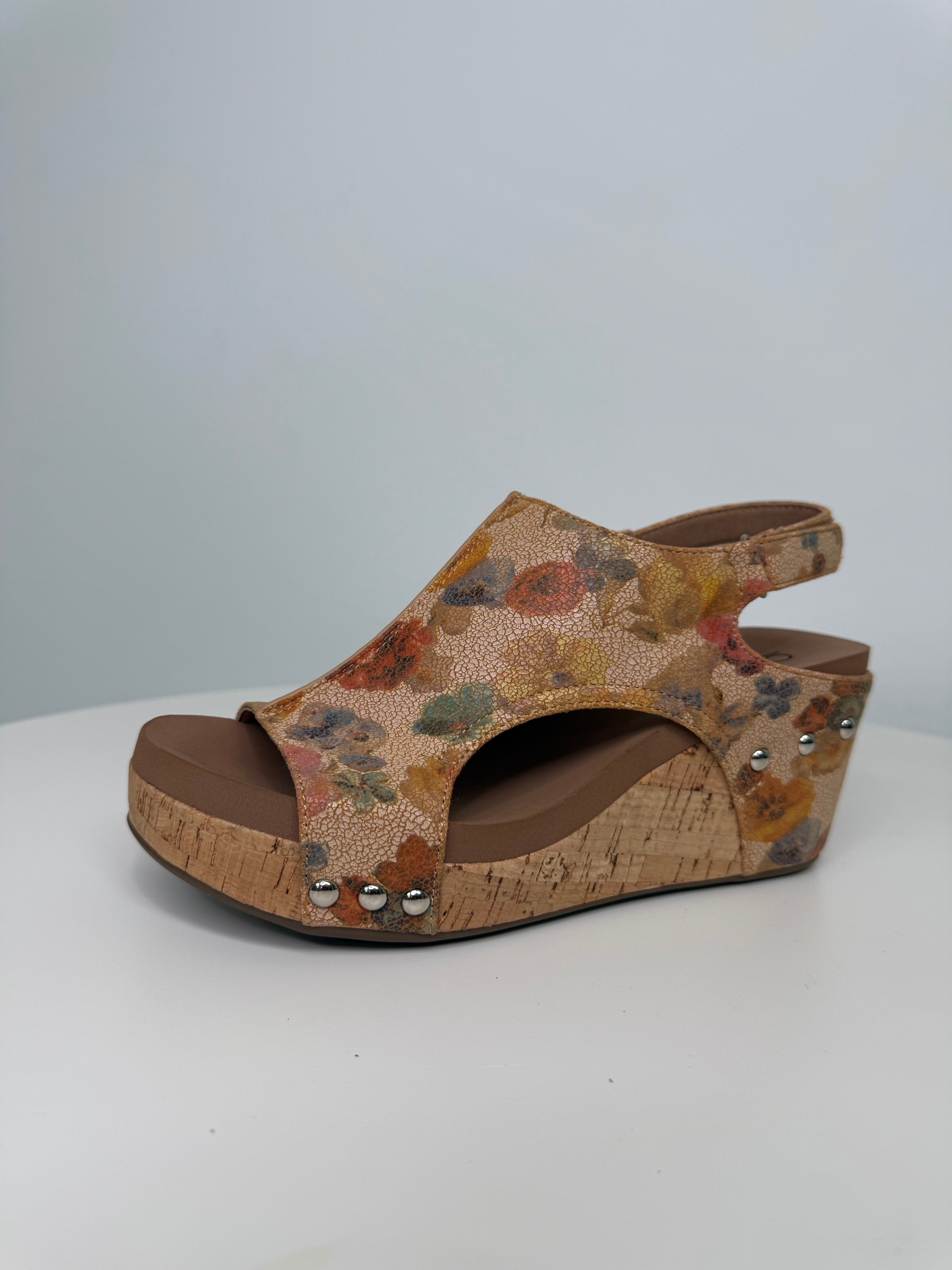 CARLEY CAMEL WASHED FLOWER CORKYS SANDAL WEDGES