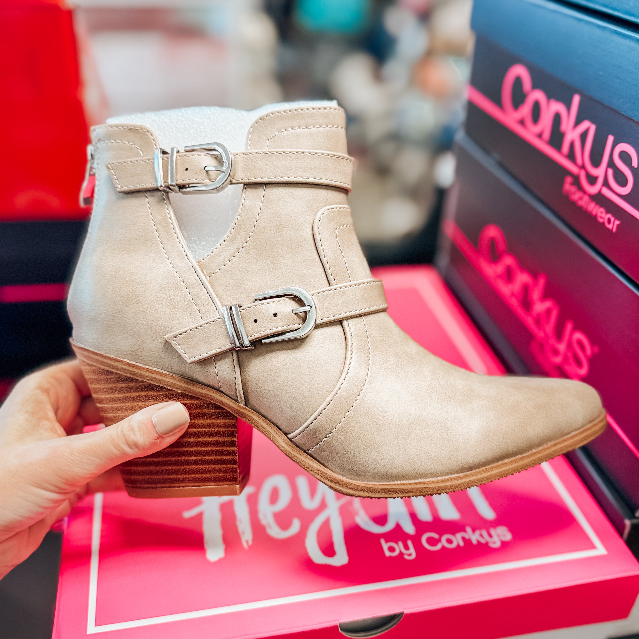 GIRLS NIGHT CAMEL BUCKLE ACCENT CORKYS BOOTIE BOOTS