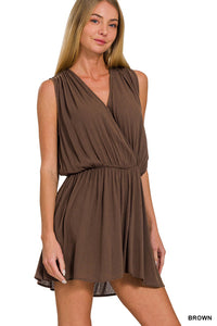 BROWN WOVEN CRINKLE ELASTIC WAIST DRAPED ROMPER WITH TIE OPEN BACK