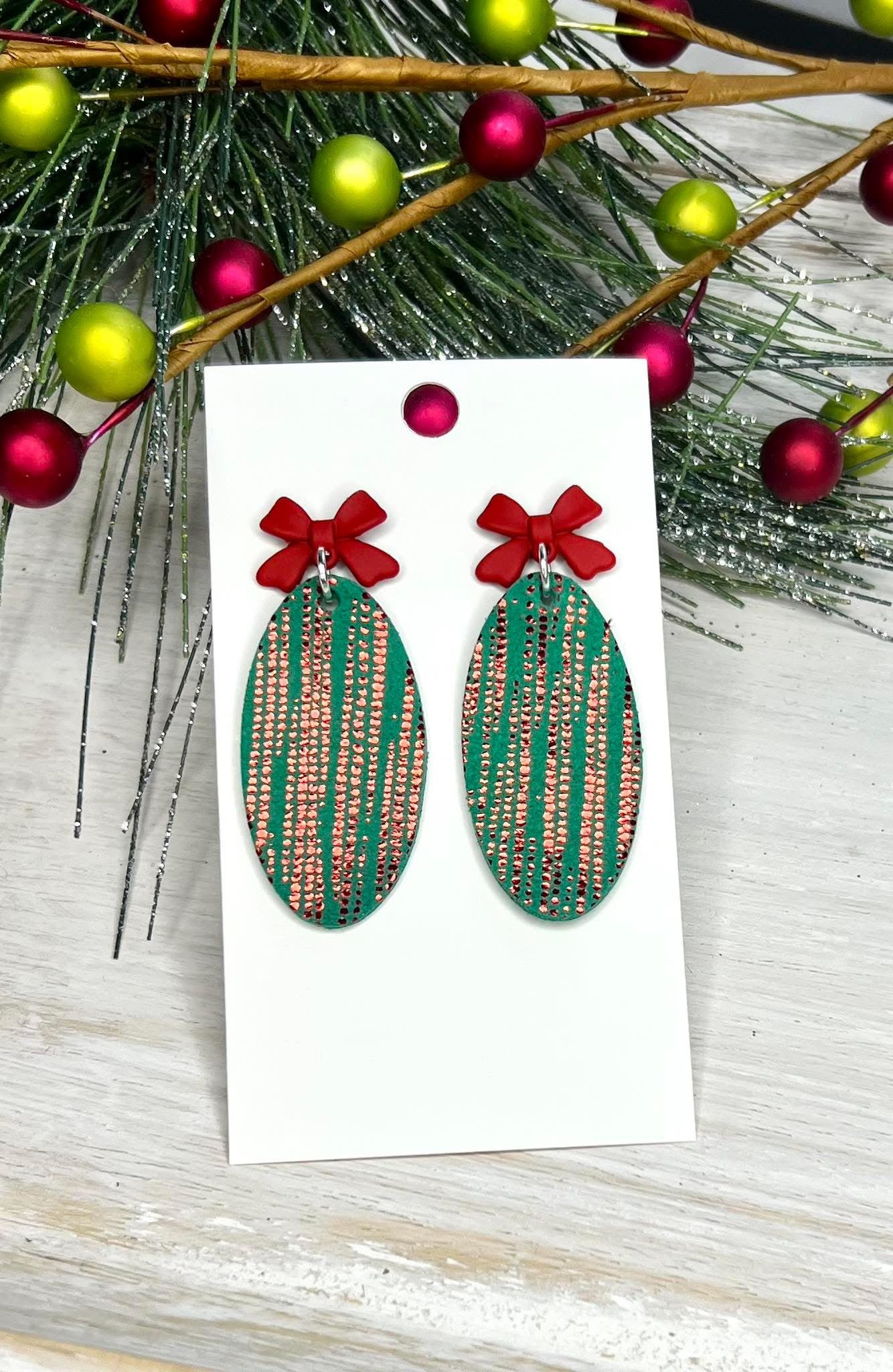 GREEN WITH RED METALLIC STRIPES & RED METAL BOWS OVAL SHAPE LEATHER HANDMADE EARRINGS BY B.O.D