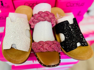 DON'T GET IT TWISTED FUCHSIA RHINESTONES CORKYS BLING SANDALS