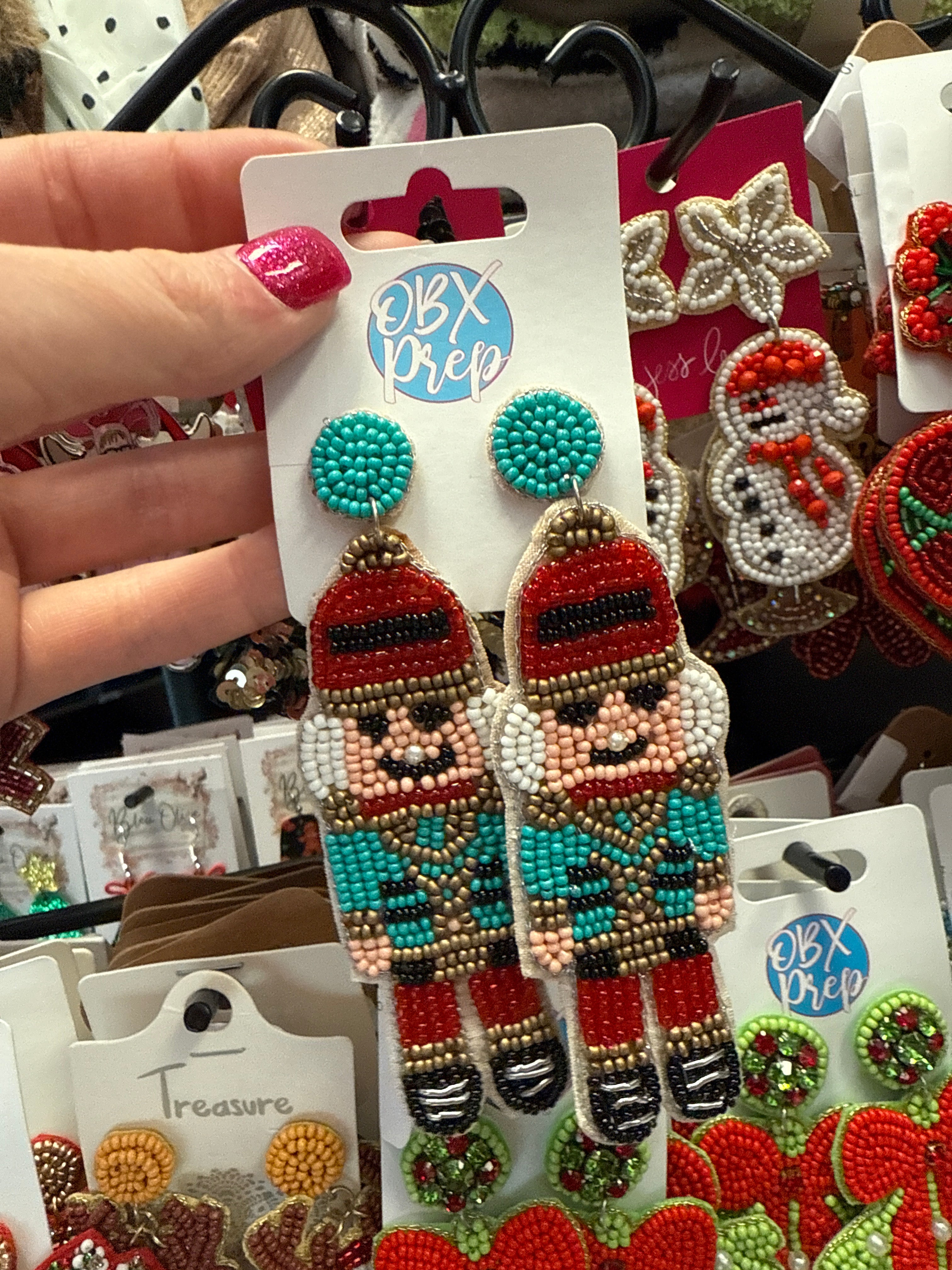 TEAL NUTCRACKER DANGLE CHRISTMAS SEEDBEAD EARRINGS