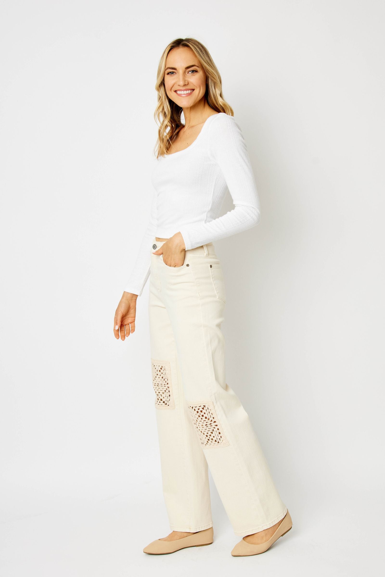 ECRU/OFF-WHITE HIGH WAIST GARMENT DYED CROCHET PATCHES WIDE LEG JUDY BLUE DENIM