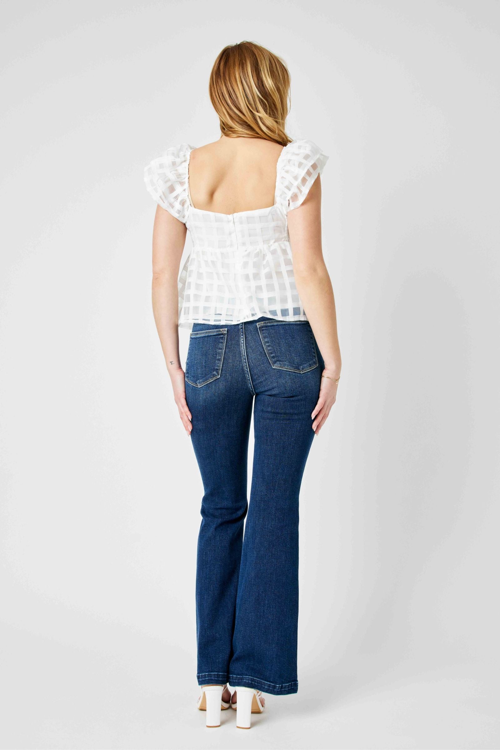 HIGH WAIST ANGLED SIDE SEAM DETAIL FLARE DENIM JUDY BLUE DARKWASH