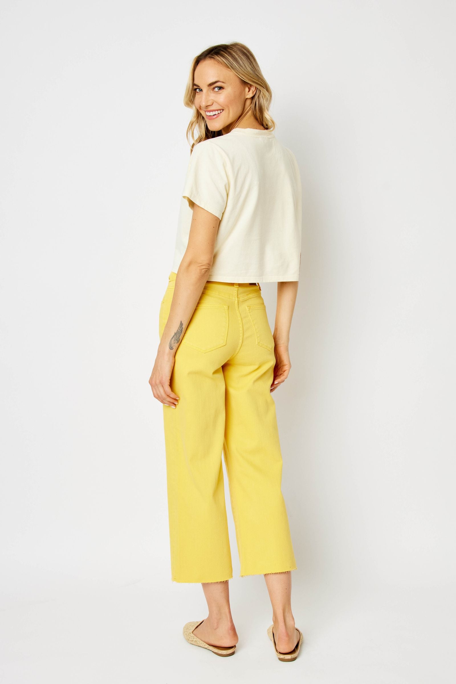 YELLOW HIGH WAIST GARMENT DYED BRAIDED WAISTBAND CROP WIDE LEG DENIM JUDY BLUE