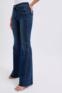 DARKWASH MID RISE RHINESTONE SIDE PANEL DETAIL FLARE JUDY BLUE DENIM-PLUS