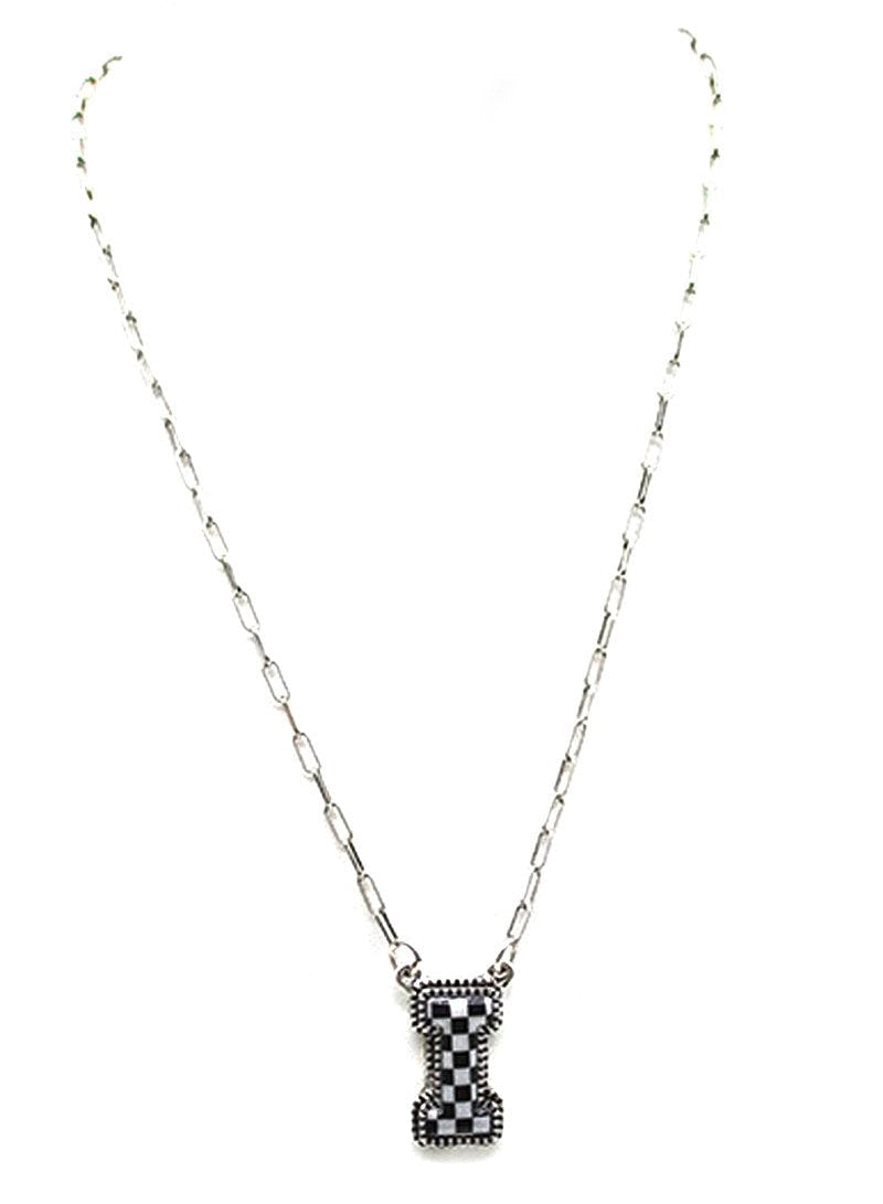 CHECKERED BUBBLE INITIAL BLACK & WHITE ON SILVER CHAIN WITH 18" + 3" EXTENDER NECKLACE