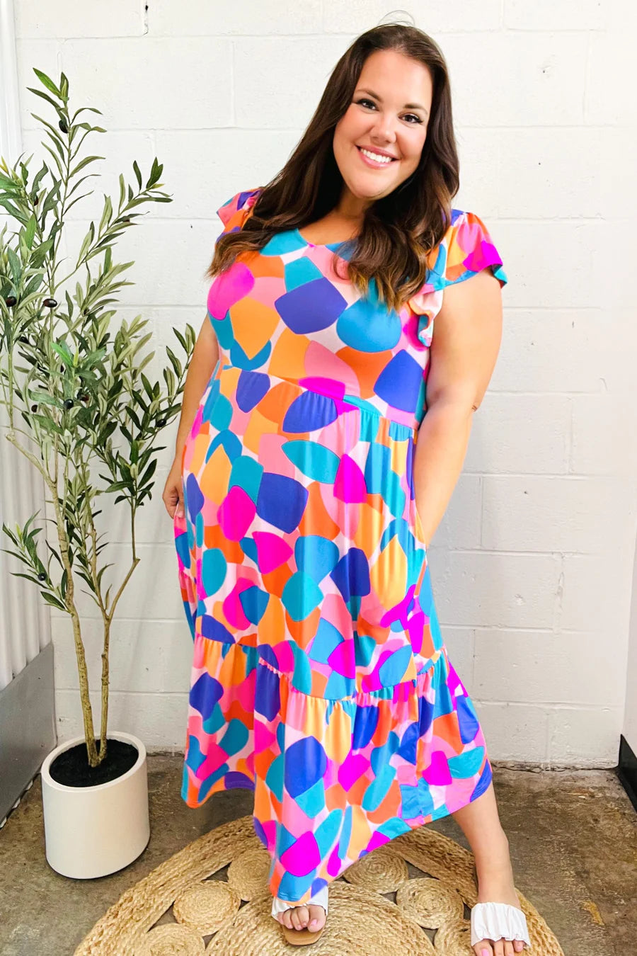 BOLD BEAUTIFUL MULTI COLOR ABSTRACT FLORAL FIT & FLARE MIDI/MAXI DRESS-PLUS 1X