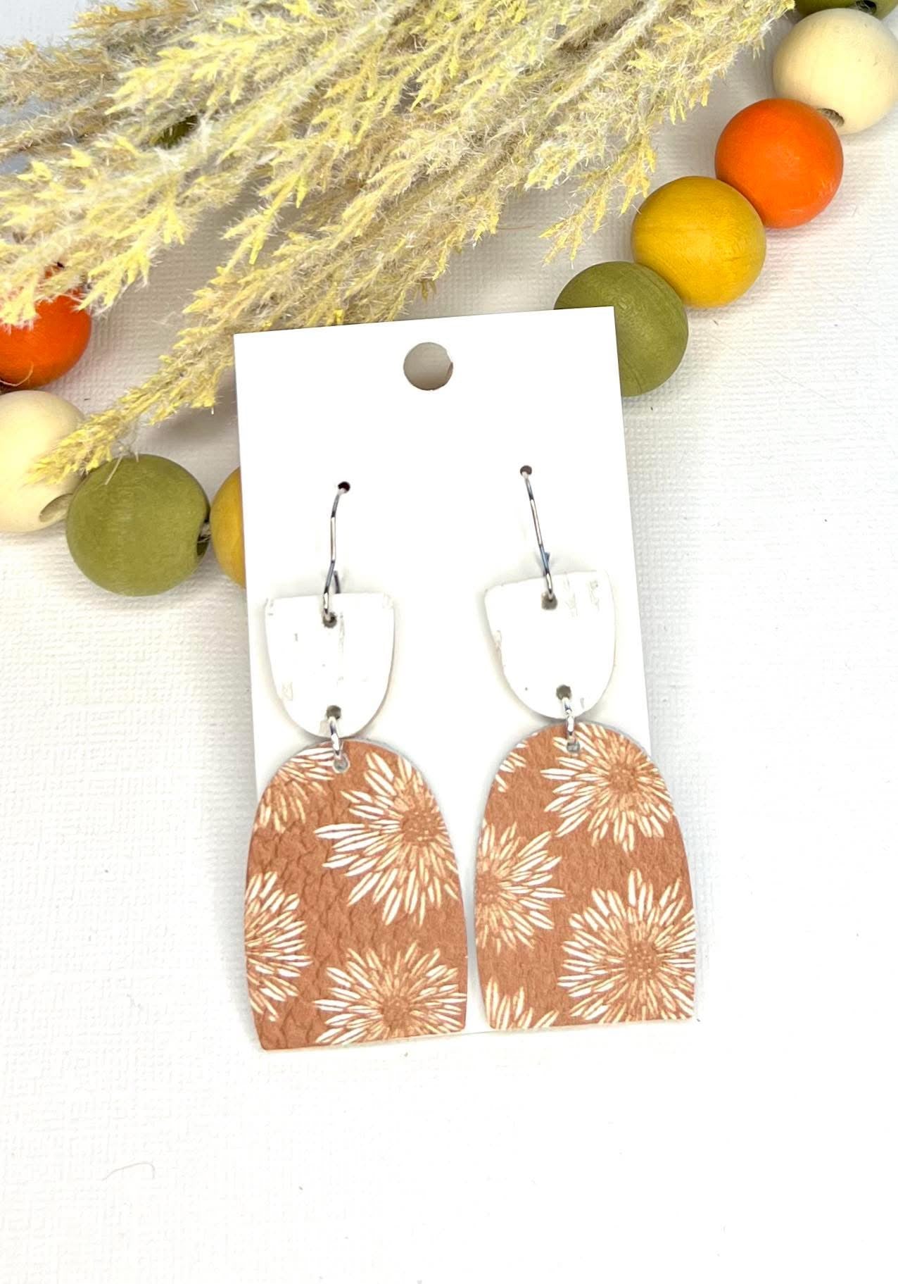 RUST & WHITE DAHILAS FLOWER PRINTED GEO-SHAPE LEATHER DANGLES HANDMADE EARRINGS BY B.O.D