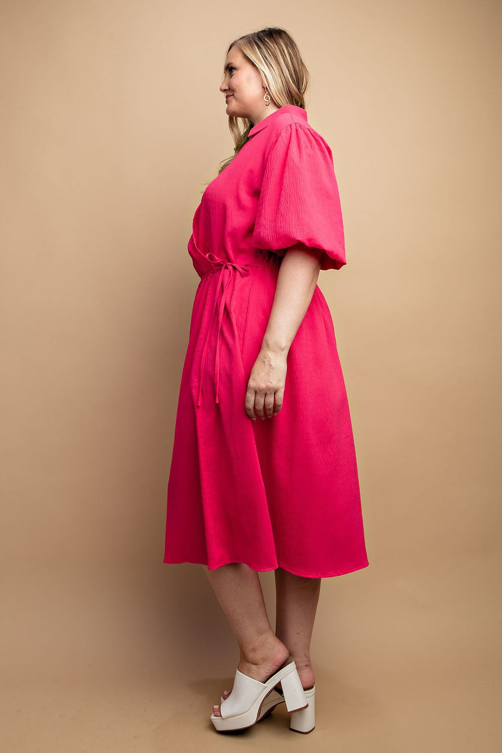 HOT PINK TEXTURED WOVEN ELASTIC WAIST MIDI DRESS-PLUS