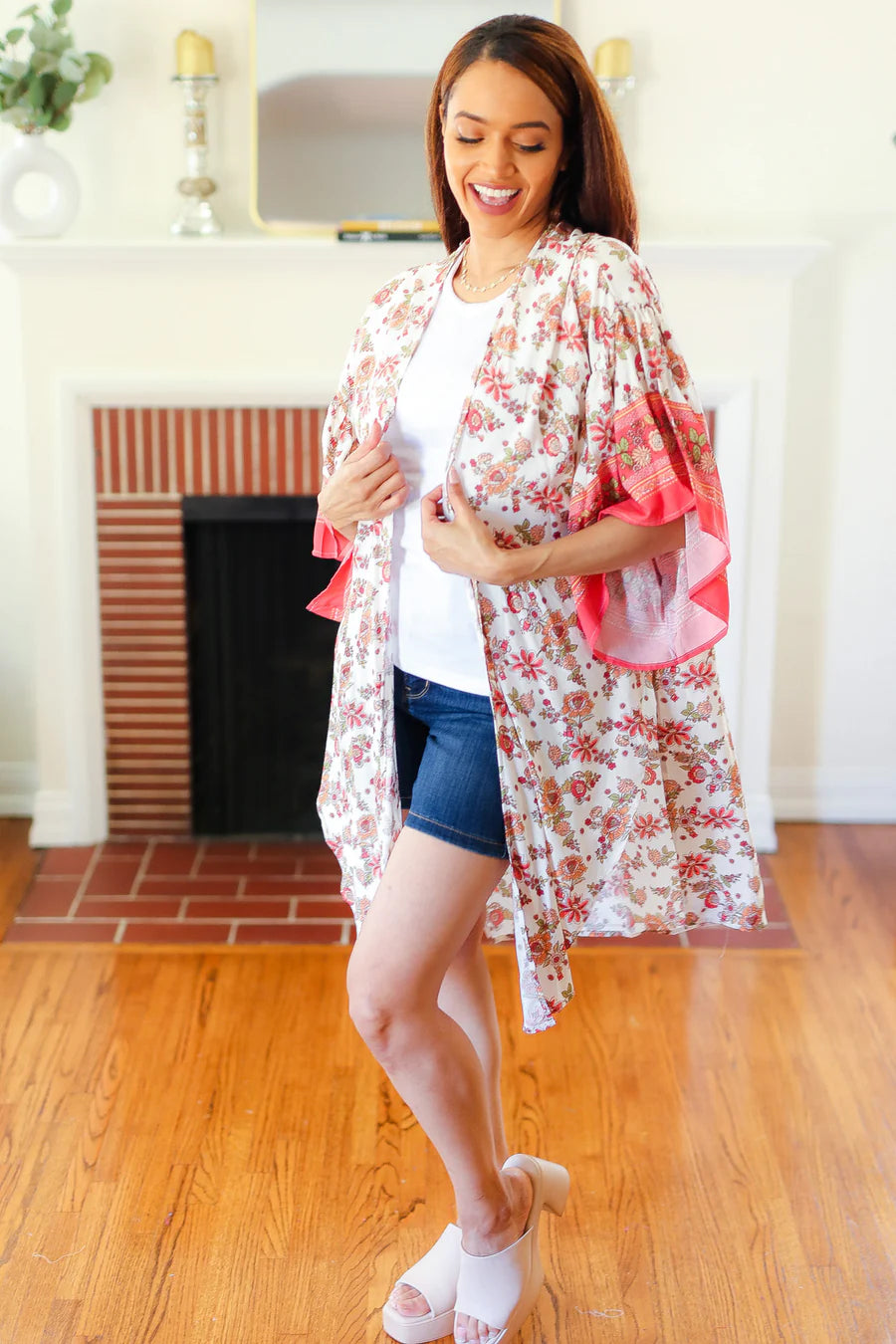 IVORY CORAL BOHO FLORAL KIMONO