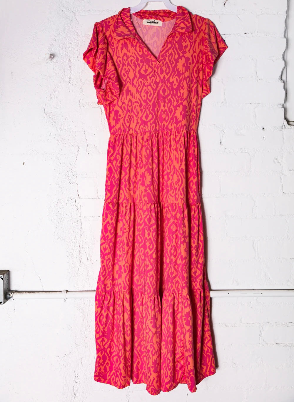 FUCHSIA PEACH DAMASK AZTEC PRINTED BUTTERY SOFT COLLARED RUFFLE SLEEVE & TIERED STYLE MAXI DRESS