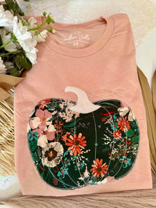 PEACH FALL FLORAL PUMPKIN HANDMADE APPLIQUE SHORT SLEEVE TEE