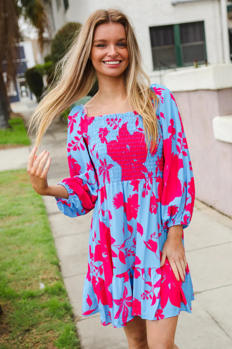 PERIWINKLE BLUE & HOT PINK FLORAL SMOCKED FIT & FLARE DRESS