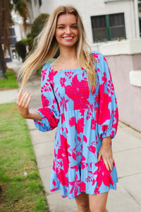 PERIWINKLE BLUE & HOT PINK FLORAL SMOCKED FIT & FLARE DRESS