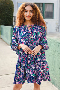 NAVY FLORAL BOW TIE BABYDOLL LONG SLEEVE RUFFLE DRESS