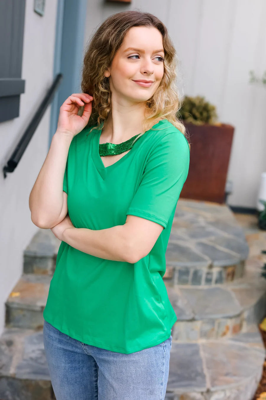 SEQUIN KELLY GREEN ASSYMETRICAL TOP- PLUS- SALE