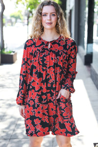 BLACK RED RUST FLORAL BUTTERY SOFT POCKETED TIE FRONT DRESS